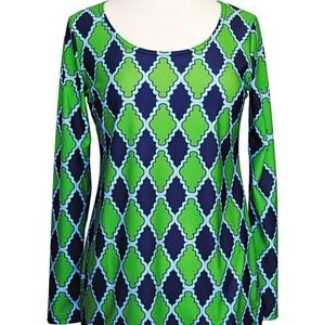 Long Sleeve Navy & Green Medallion Top